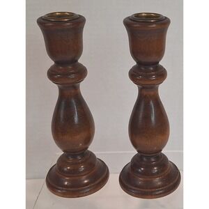 Vintage Turned Wood Candlestick Holders Pair Dark Brown Brass Inset 6.75 Inch